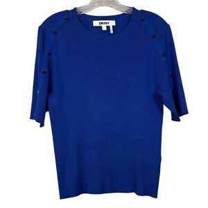 DKNY Royal Blue Ribbed Knit Top with Button Shoulder Detail Women's, Size Large